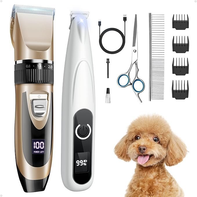 2-in-1 Rechargeable Dog Grooming Kit – Low-Noise Cordless Clippers & Paw Trimmer for Pets